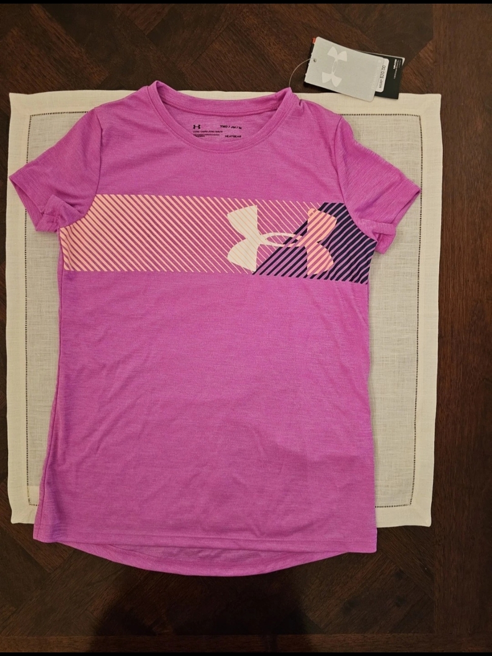 Under Armour Purple-Pink Girls' Striped Logo Short Sleeve Tee